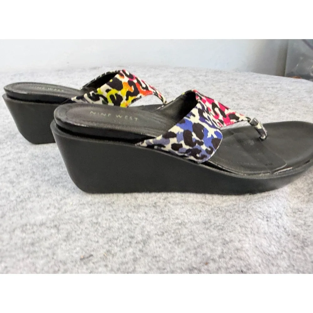 Nine West Mulitcolor Leopard Thong Wedge Sandal Women's Size 9M